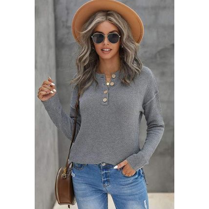 Gray Henley Pullover Drop Shoulder Sweater with Slits