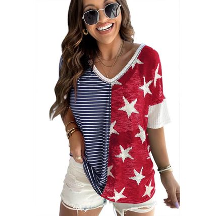 Blue Stripes Stars Print Knit Short Sleeves Top