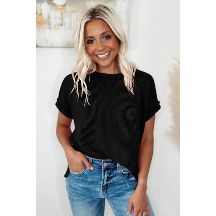 Black Textured Knit Exposed Stitching T-shirt