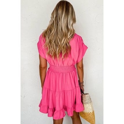 Strawberry Pink Ruched Sleeve V Neck Smock Waist Tiered Ruffled Dress