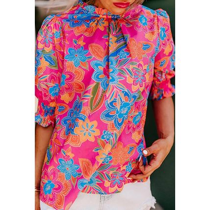 Rose Frilly Mock Neck Short Puff Sleeve Floral Blouse