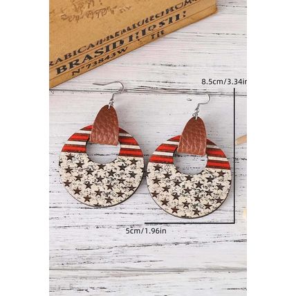 White Flag Print Round Wooden Dangle Earrings