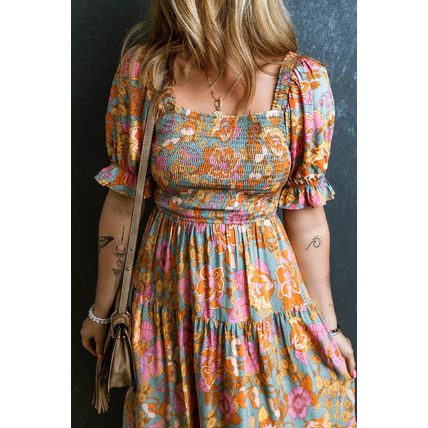 Yellow Smocked Bodice High Waist Puff Sleeve Floral Dress