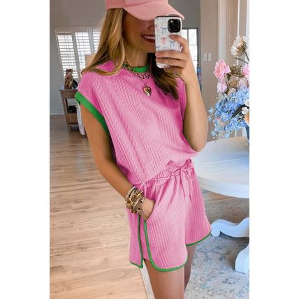 Pink Contrast Trim Cable Textured Shorts Set