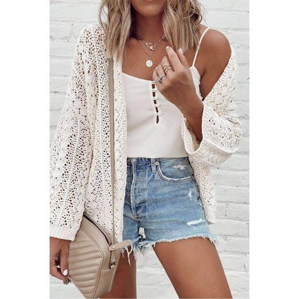 White Stylish Hollow Out Knit Drop Shoulder Cardigan