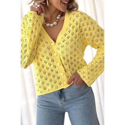 Yellow Pointelle Knit V Neck Sweater Cardigan
