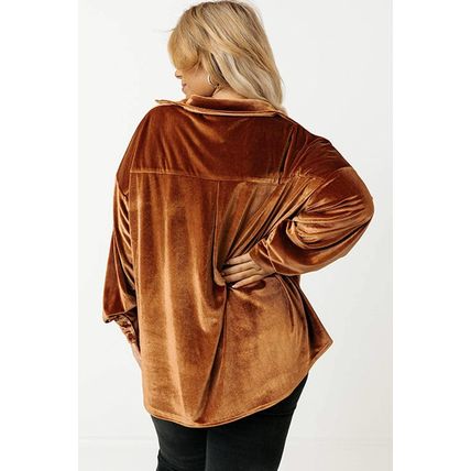 Chestnut Plus Size Velvet Chest Pocket Drop Shoulder Shirt
