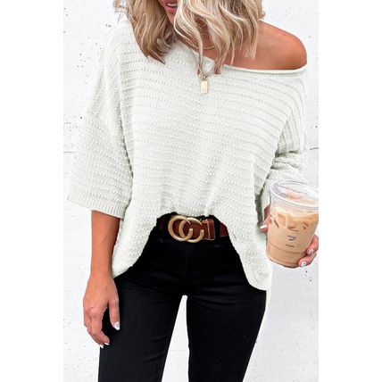 Beige Textured Knit Drop Shoulder Short Sleeve Sweater