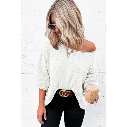 Beige Textured Knit Drop Shoulder Short Sleeve Sweater