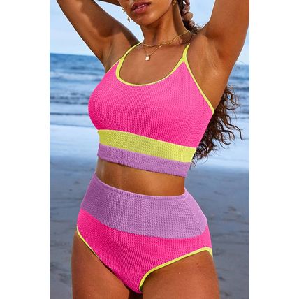 Rose Red Color Block High Waisted Sexy Bikini Set