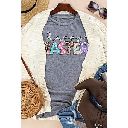 Gray Happy EASTER Lettering Graphic Crewneck Tee