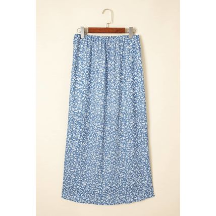 Sky Blue Boho Floral High Waist Long Skirt with Side Split