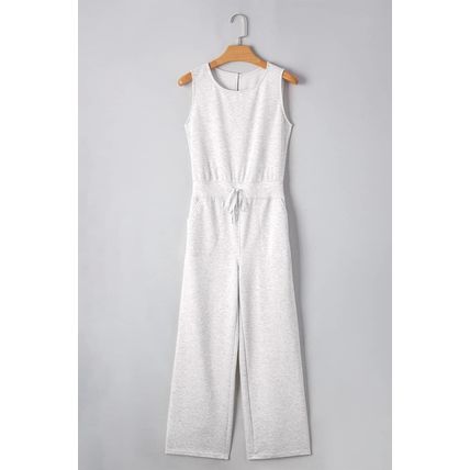 Light Grey Solid Color Crew Neck Drawstring High Waist Sleeveless Jumpsuit