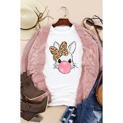 White Leopard Bow Bubble Rabbit Graphic Tee