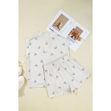 Beige Bow Print Half Zip Tank and Shorts 2pcs Set