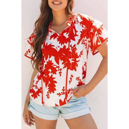 Red Plant Print Tiered Ruffled Sleeve V Neck Blouse
