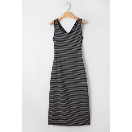Black Stripe Criss Cross Side Slits Slim Fit Sleeveless Midi Dress