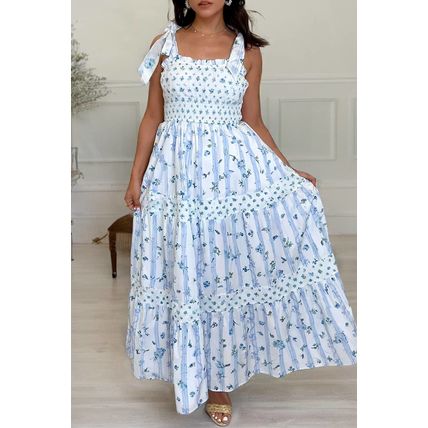Sky Blue Floral Smocked Tied Straps A-Lined Tiered Maxi Dress