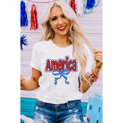 White Funky America Letter Bow Printed T Shirt