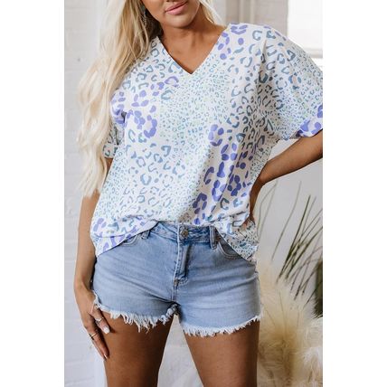 Sky Blue Mixed Leopard Print V Neck Short Sleeve Blouse