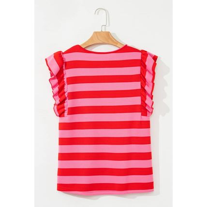 Red Stripe Flutter Sleeve Round Neck T Shirt