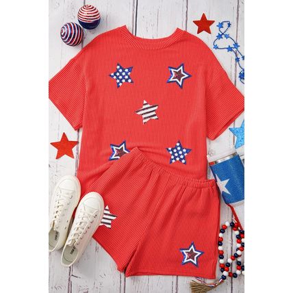 Orange Sequin USA Flag Star Graphic Corded T Shirt and Shorts Set