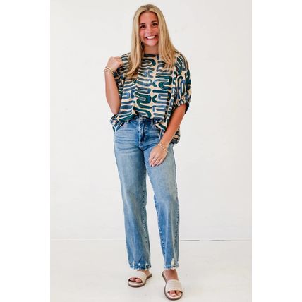 Beige Abstract Print Short Sleeve Loose Top