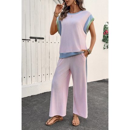 Pink Corded Colorblock Patchwork Short Sleeve Top and Loose Pants Set