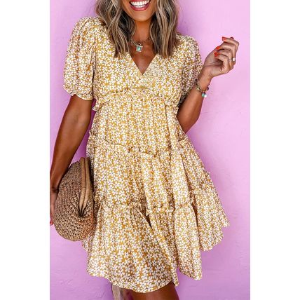 Yellow Floral Short Sleeve V Neck Frilly Tiered Mini Dress