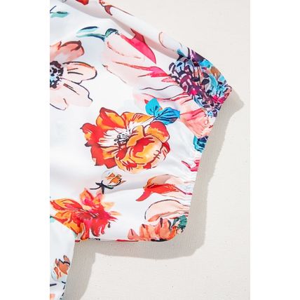 White Floral Square Neck Puff Sleeve Flowy Plus Size Midi Dress