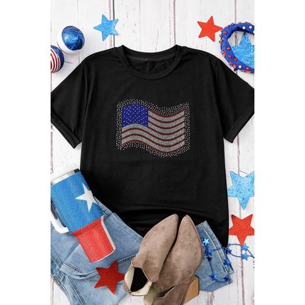 Black Rhinestone American Flag Casual Round Neck Tee