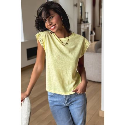 Yellow Cream Lace Patchwork Cap Sleeve Round Neck T Shirt