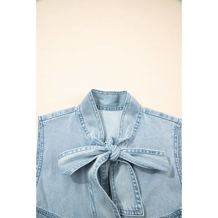 Beau Blue Bowknot Neck Sleeveless Ruffled Chambray Dress