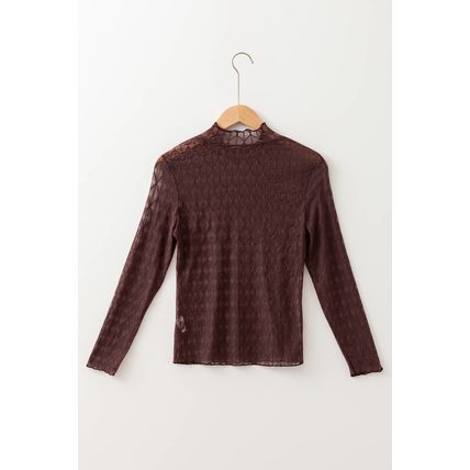 Coffee Sheer Mesh Patterned Lettuce Trim Slim Long Sleeve Top