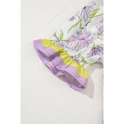 Purple Floral Print Striped Detail Split Neck Flounce Short Sleeve Peplum Blouse