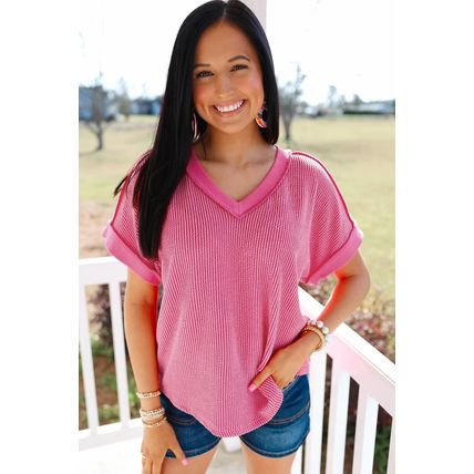 Rose Red Twisted Ribbed Knit V Neck Casual Tee