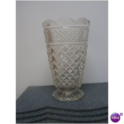 Vintage Diamond Cut Glass 10" Scalloped edge Vase