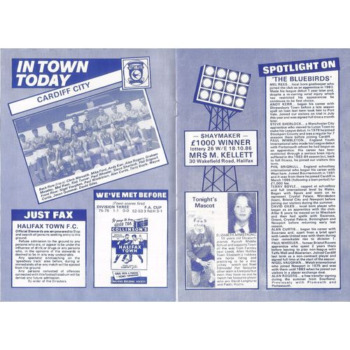 MATCH PROGRAMME 1986-87 HALIFAX TOWN v CARDIFF CITY (Good - No Writing)