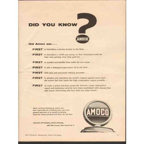AMERICAN OIL COMPANY 1955 did you know Amoco first gasoline vintage ad