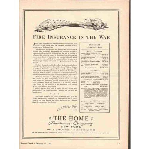 THE HOME INSURANCE COMPANY 1943 Fire insurance in war WW2 vintage ad