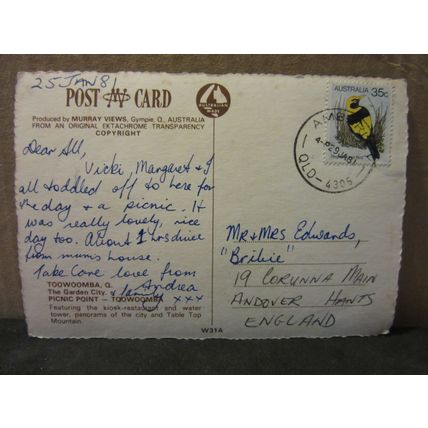 PICNIC POINT, TOOWOOMBA, QUEENSLAND. AUSTRALIA used postcard 1981 pm =
