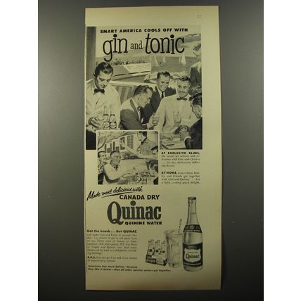 1954 Canada Dry Quinac Quinine Water Ad - Smart America cools off with gin