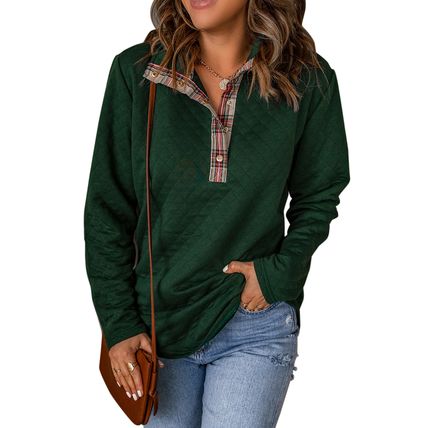 Green Geometric Texture Plaid Trim Sweatshirt