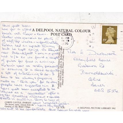 Corfe Castle Dorset Postcard posted 1996 creased