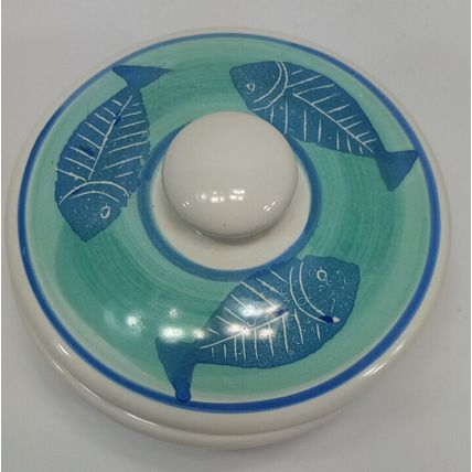 Pier 1 Italian Ceramic Covered Fish Dish Blue And Green Hand Painted With Lid