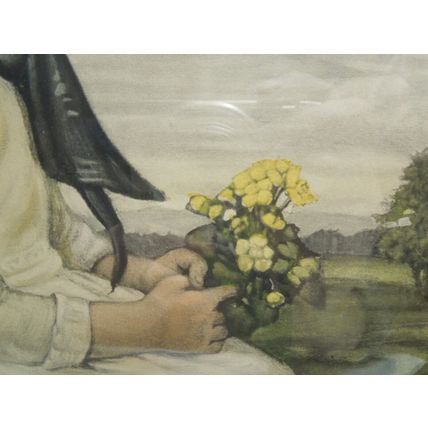 Antique Art Print by Artist, C. Max, Cornielle Max, "Girl With Yellow Flowers"