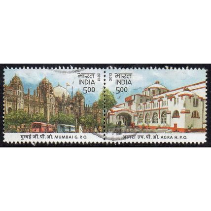 India 2013 Heritage Buildings - Mumbai GPO / Agra HPO Rs5.00 Pair Used ex M/S