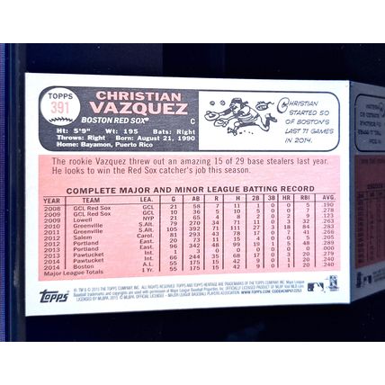 CHRISTIAN VAZQUEZ 2015 TOPPS HERITAGE BASEBALL CARD #391