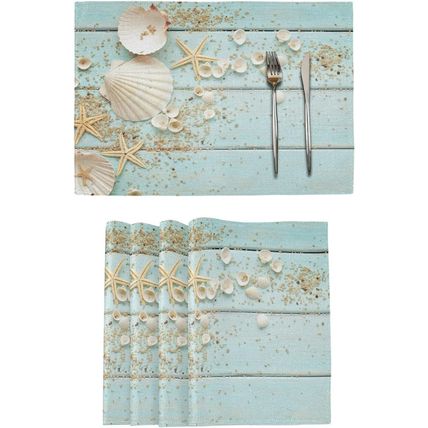 Summer Seashell Starfish Placemats Set of 6 Teal Wooden Table Mats 12X18 Inches