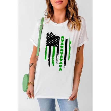 White St. Patricks Clover American Flag Print Crewneck Tee